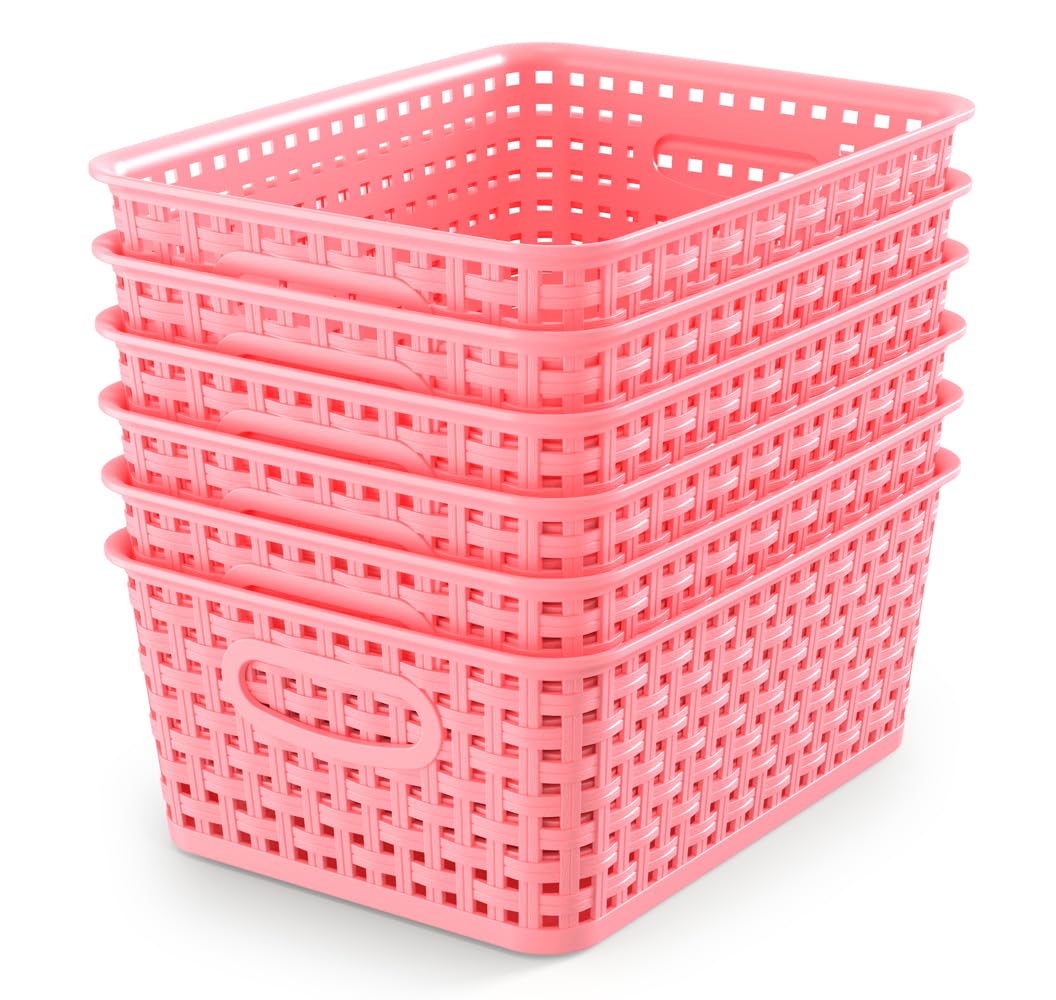 WYT 6-Pack Plastic Small Shelf Storage Weave Baskets Organizing for Cabinets and Pantries, Pink