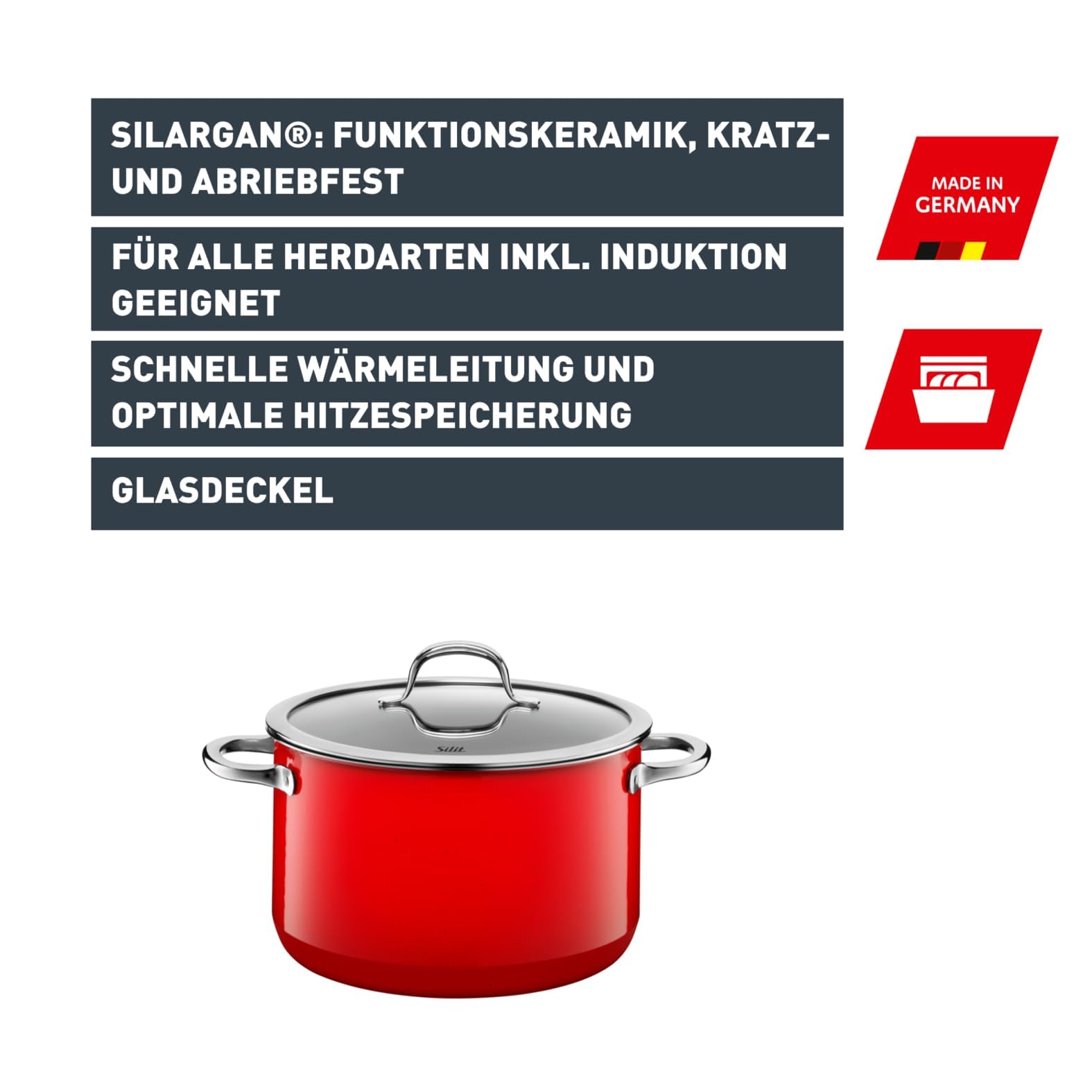 Silit Passion Red Kochtopf klein 16cm, kleiner Topf mit Glasdeckel, Fleischtopf Induktion 2l, Silargan Funktionskeramik, rot