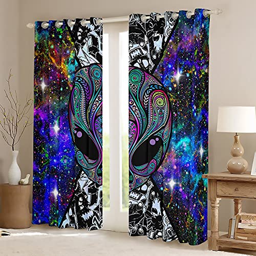Alien Printed Window Curtains Kids Galaxy Outer Space Themed Curtains For Bedroom Trippy Alien Hippie Skull Decor Window Drapes Colorful Tie Dye 30%-50% Blackout Curtains Room (2 Panels， 38 X 45 Inch) #TOP1