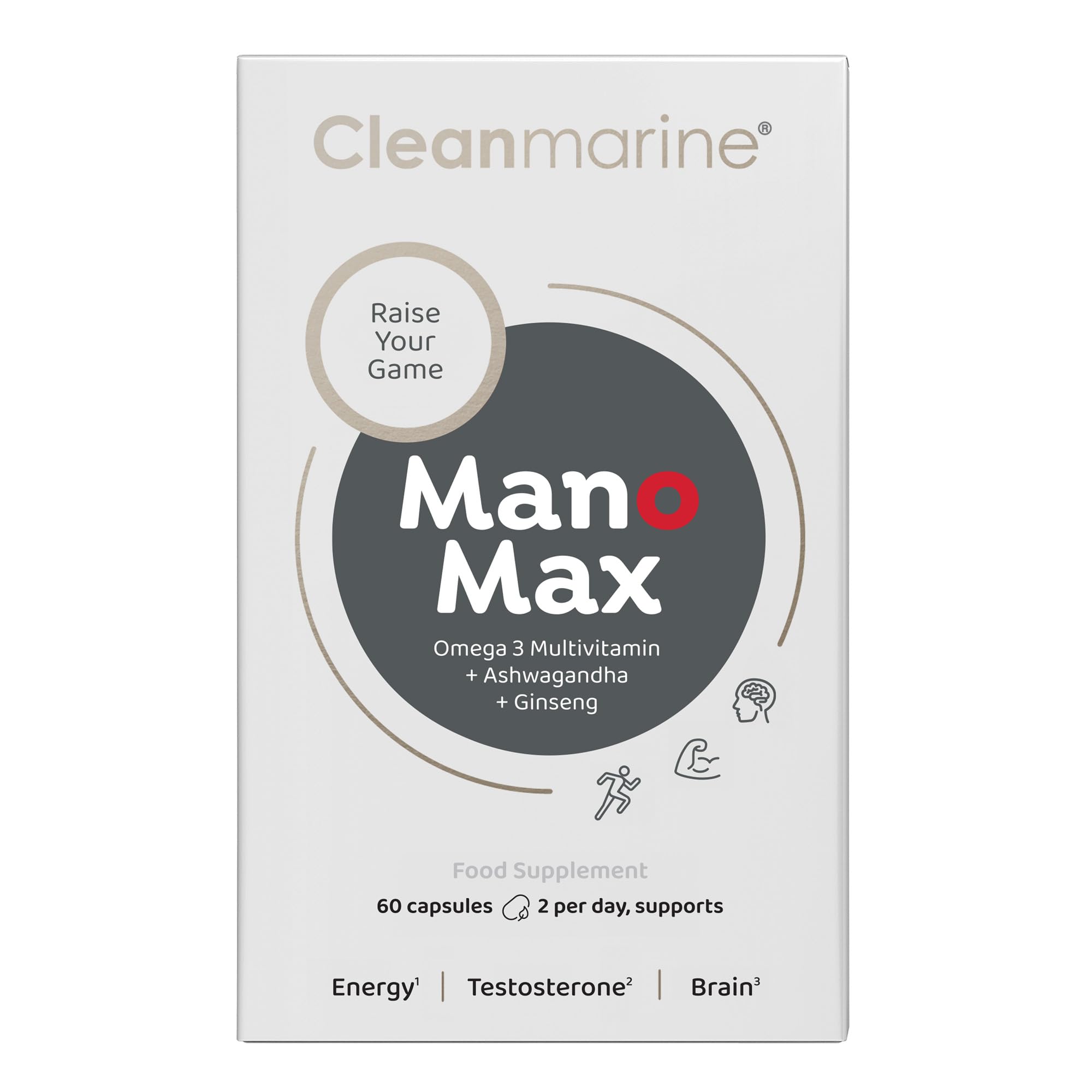 Cleanmarine ManoMax - Men's Multivitamin - Omega 3 with Vitamins B1, B6 & D, Zinc, Selenium, Ashwagandha, Ginseng & Co Q10 – Supports Testosterone, Energy Levels & Cognitive Function - 60 Capsules