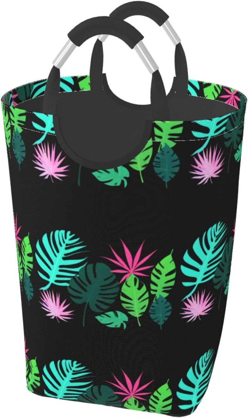 Tropical Leaves Foldable storage bag, 50L capacity, suitable for laundry room, dormitory bedroom, dirty clothes storage basket.