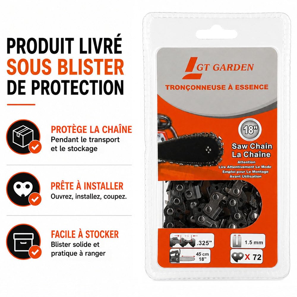 GT Garden Guide 18 Pouces (45 cm) avec chaîne 72 maillons pour tronçonneuse
