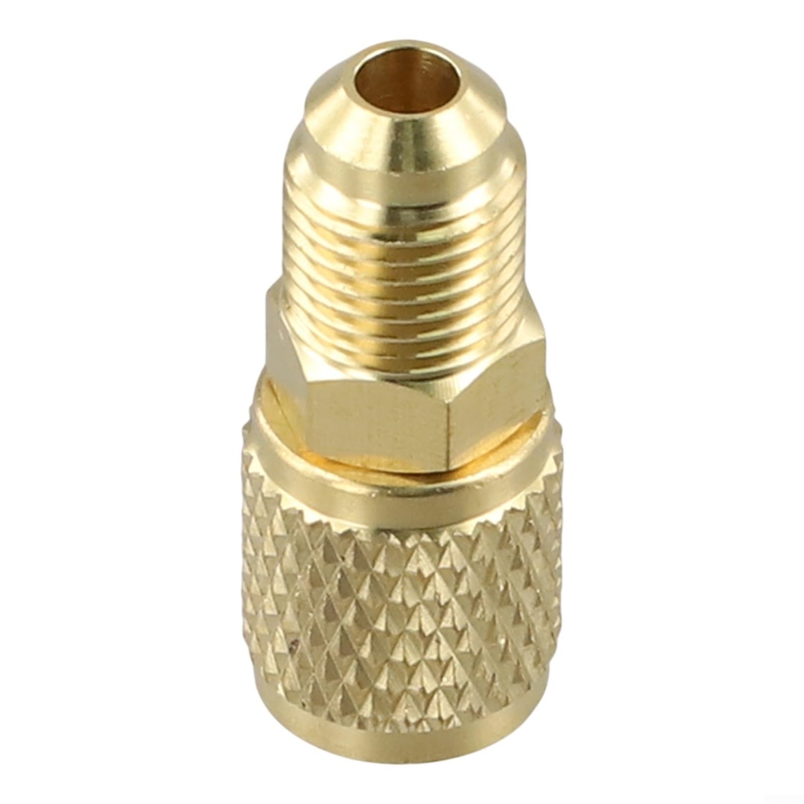 Adaptateur SAE mâle 5/16 x femelle 1/4 en laiton pour systèmes de climatisation R32 R410a R22 – Raccord doré, construction robuste, installation facile, accès sûr à la valve sous pression