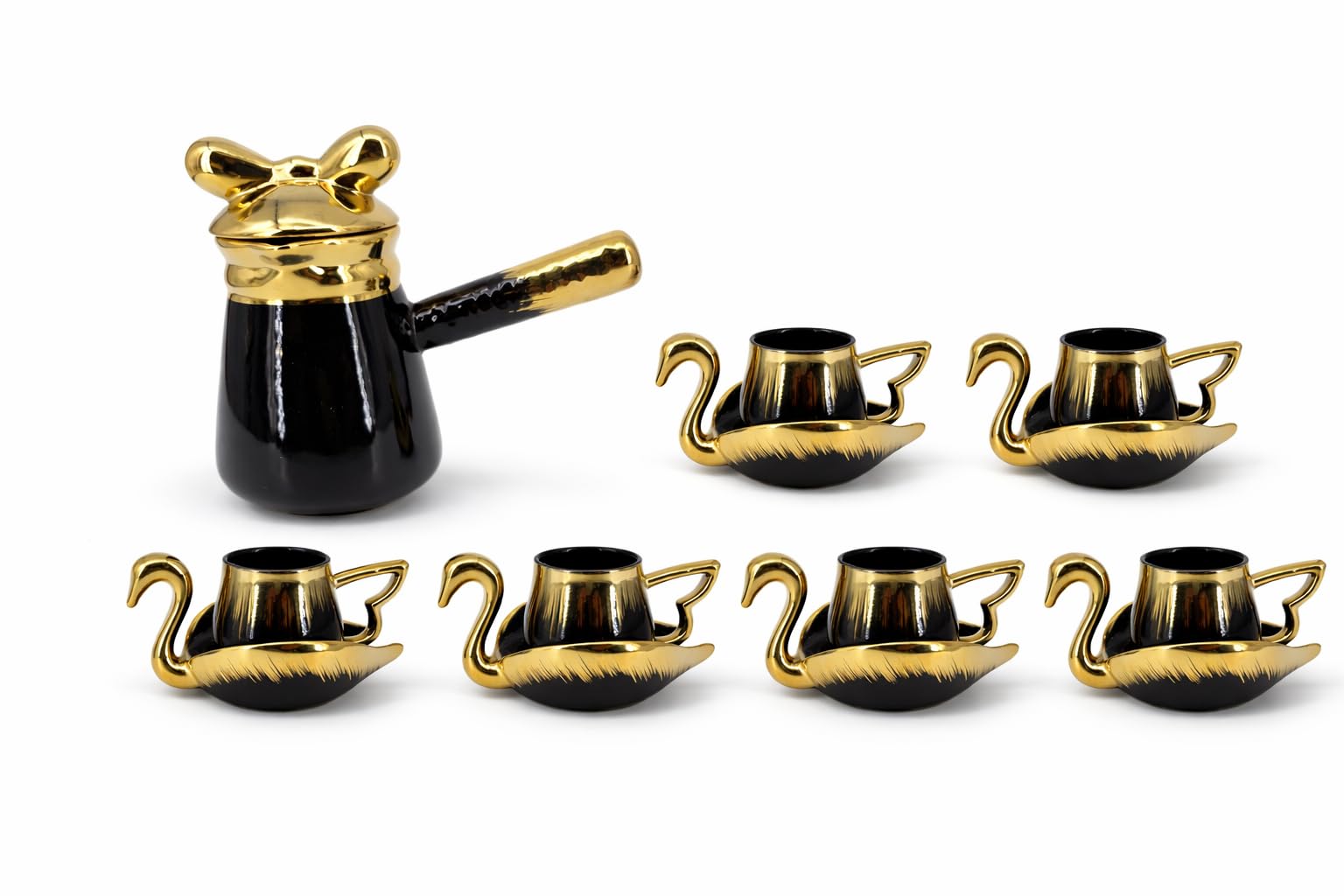 Espresso-Set mit Schwan-Design, 6 Tassen mit Untertellern und Kanne, Keramik, 3 Farben, Mokka-Kaffeeservice (schwarz)