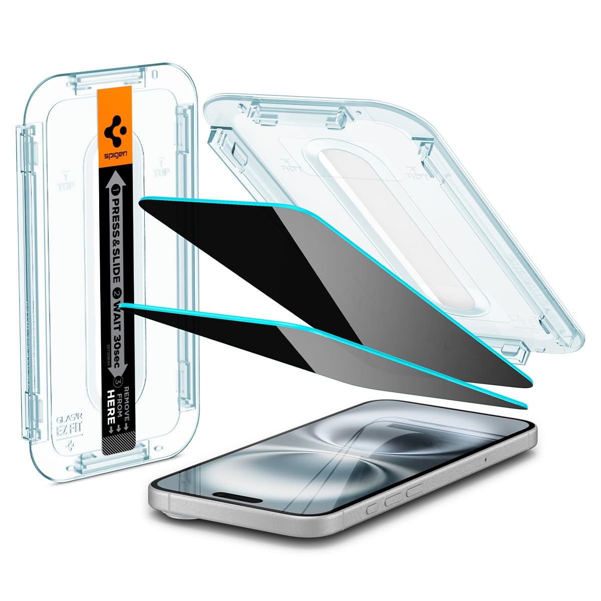 Spigen EZ Fit iPhone 16/iPhone 15 Glass Film Anti-Peeping 9H Hardness Tempered Glass with Paste Kit Compatible with iPhone 16/iPhone 15 Privacy Film, Nano Coating, Shatterproof, 2 Pieces
