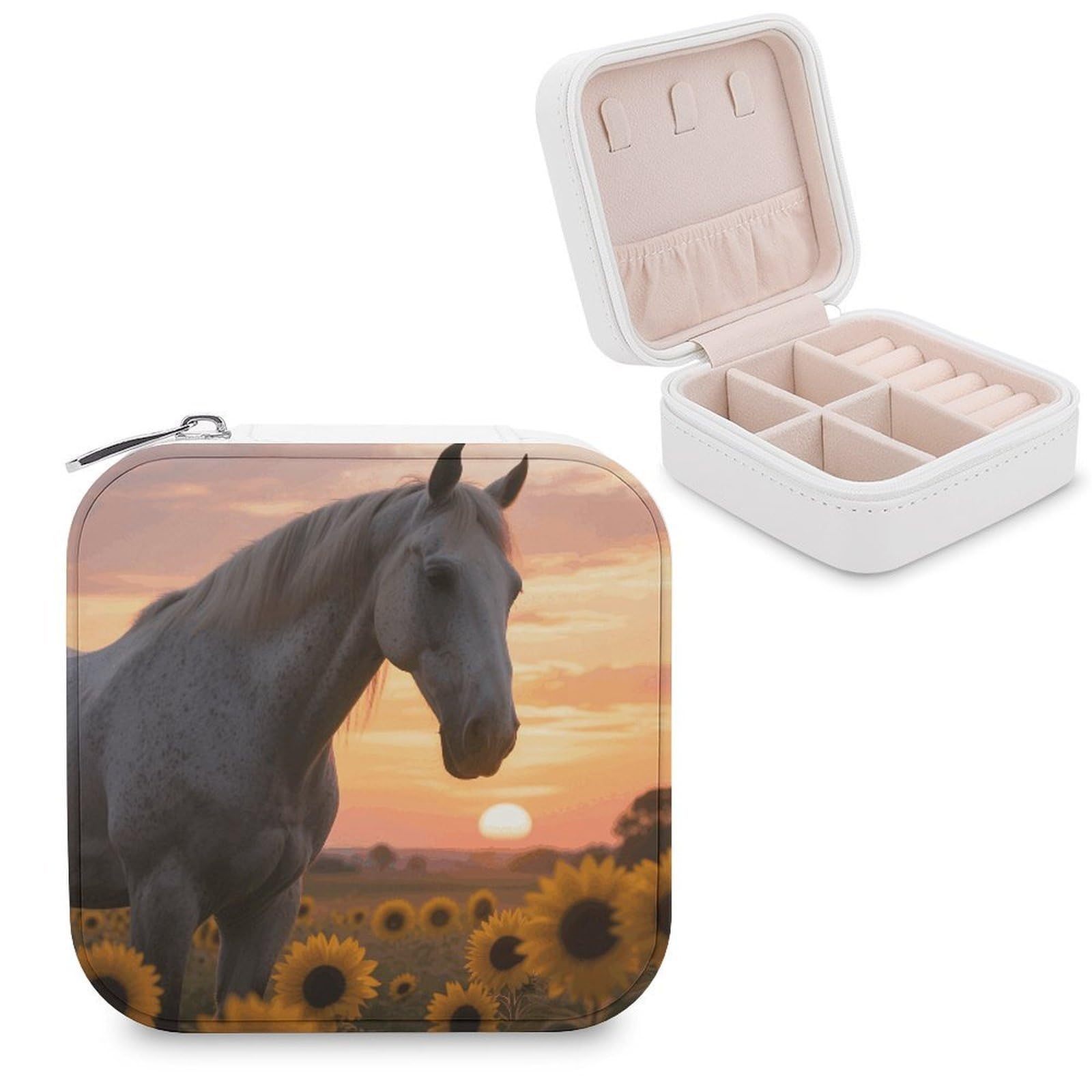 VstaDank Sunset Horse Sunflowers Jewelry Box for Women Jewelry Organizer Storage Case with Zipper Mini Travel Jewelry Case Cute Trinket Organizer Leather Portable Jewelry Storage Box