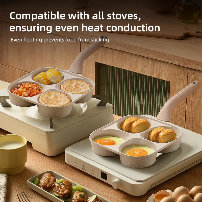 Sartén de huevos mejorada de 4 tazas con ranuras profundas y mango elevado, sartén antiadherente para tortilla con revestimiento de granito para cocinas de gas e inducción 6