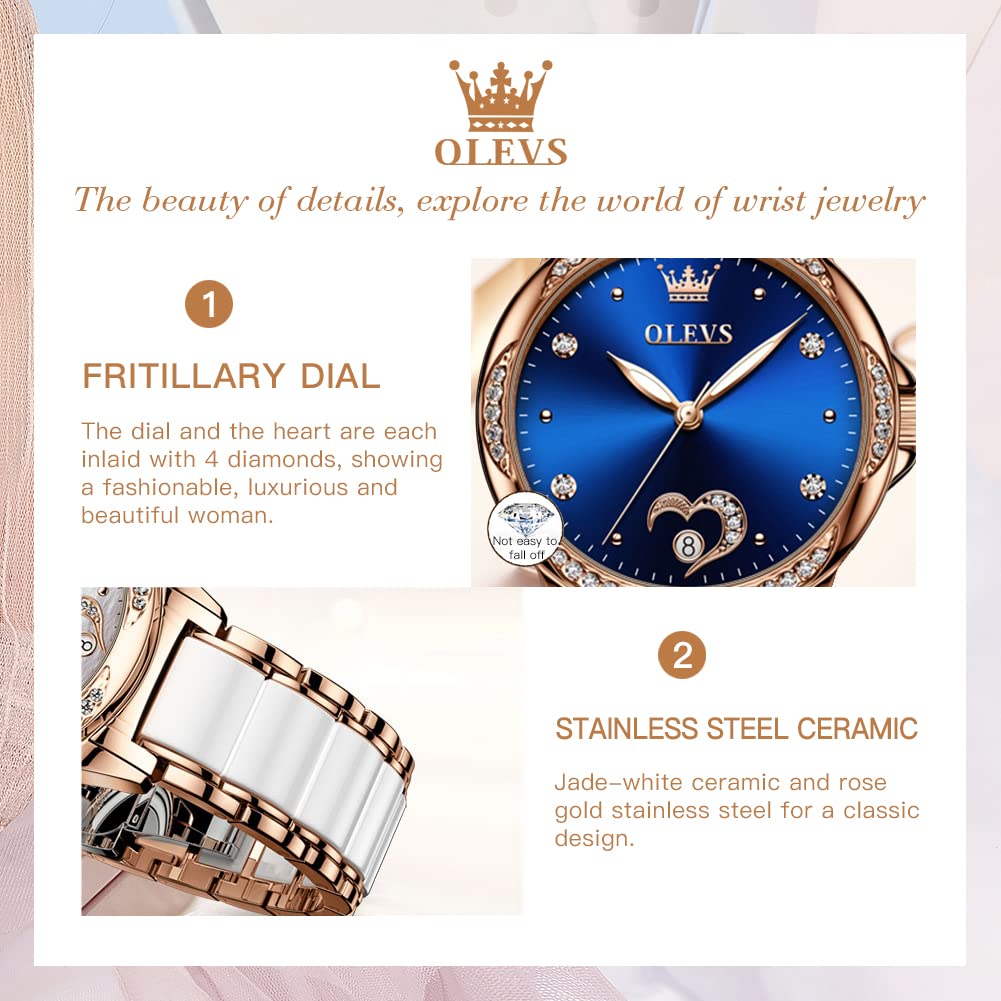 OLEVS Relojes automáticos para mujer, esfera de diamante, impermeable, correa de cerámica de oro rosa, reloj mecánico luminoso, regalos de lujo para damas, Esfera azul, Mecánico