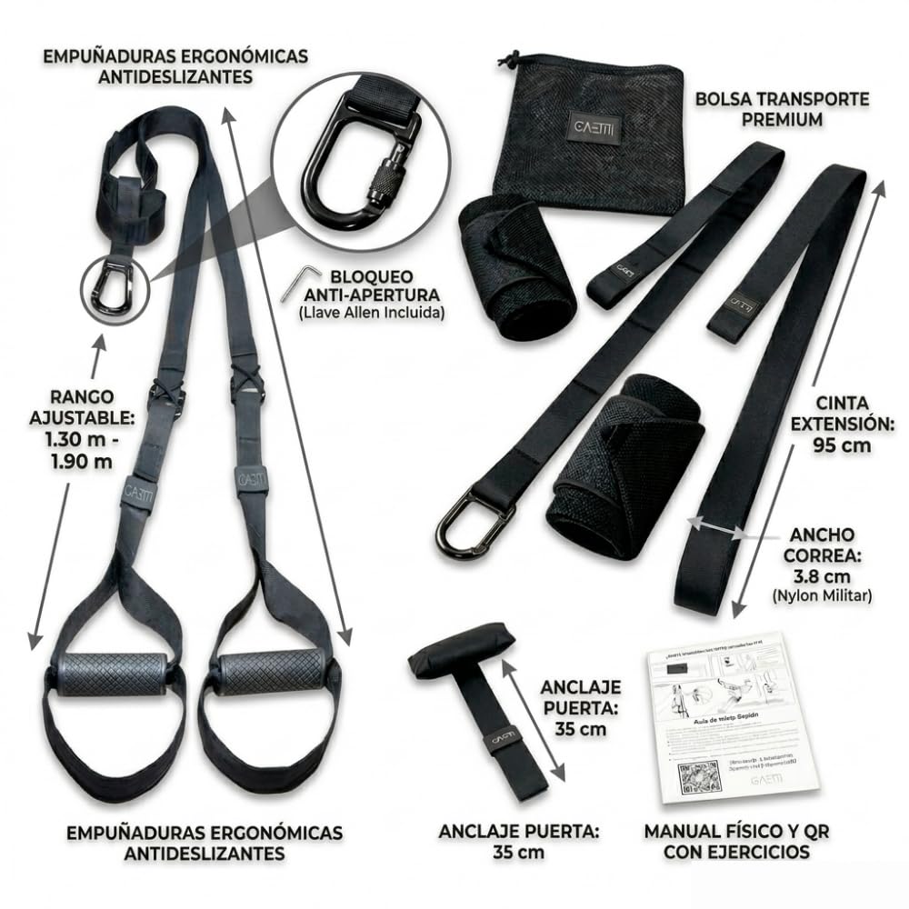 Cinghie da allenamento in sospensione, set con ancoraggio regolabile, fitness a casa, adatto per viaggi e allenamento in interni ed esterni, include polsiere per un maggiore sostegno.
