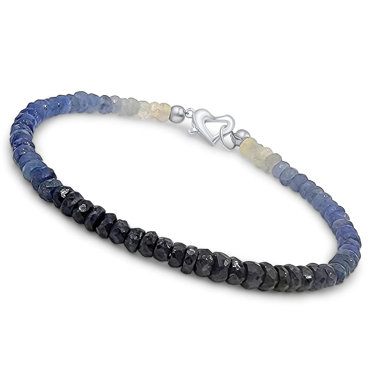 Genuine gemstone strand heart bracelet with 925 sterling silver lobster clasp, customized size bracelet birthstone gift for men and women, Uniquelan jewelry (Ombre Sapphire, 6 inches)
