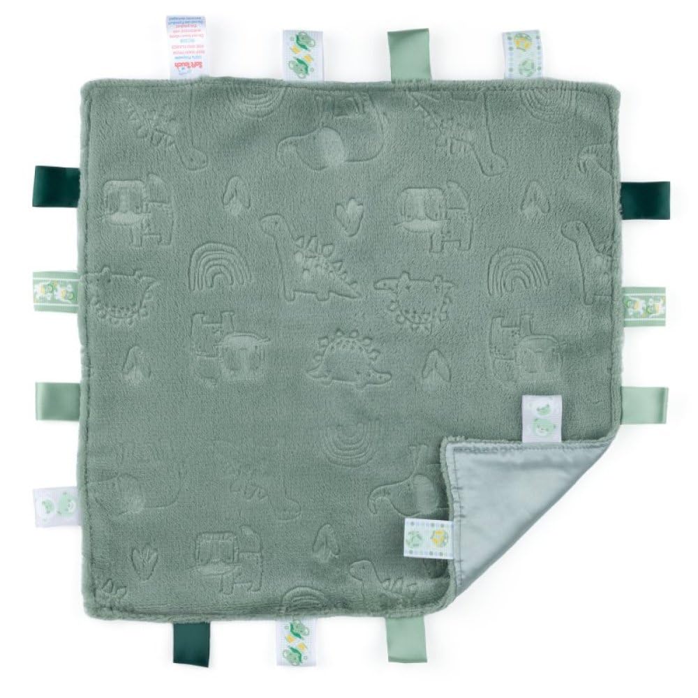 Mayra Hosiery Soft-Touch | Newborn Baby Taggy Blanket Comforter | Embossed Sensory Tags & Ribbons | Soft Flannel Back 35 x 35cm | 100% Polyester (Sage Green)