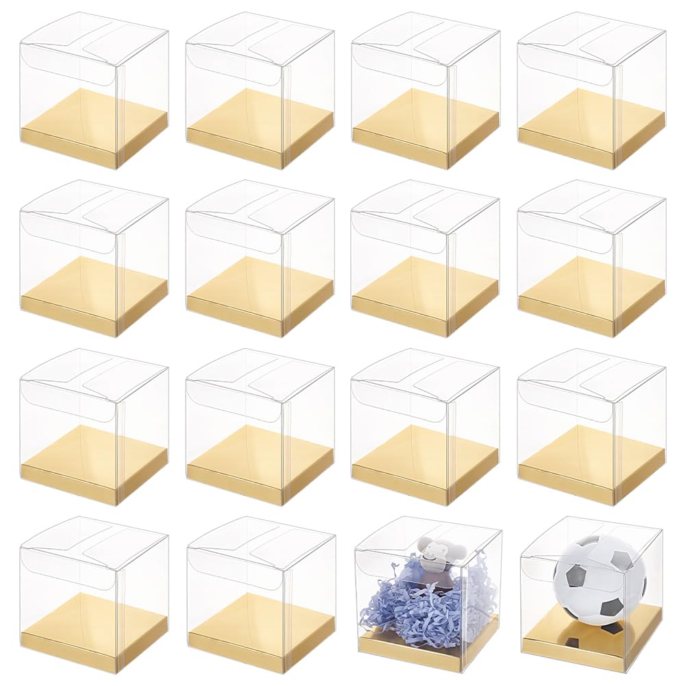 BENECREAT 20 Pcs Clear Gift Boxes, 2.8x2.8x2.8 Inch/7x7x7cm Folding PVC Favor Boxes with Gold Paper Card Base for Wedding Birthday Party Festival Gift Packaging