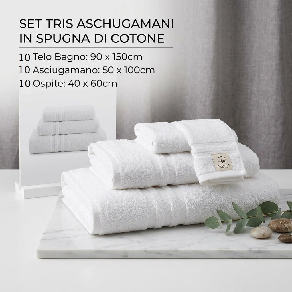 Generico Set Tris Spugna di 10 Teli Doccia Bagno, 10 Asciugamani Viso, 10 Asciugamani Ospite100% Cotone Spugna Idrofila 500 gr/mq Perfetto per Hotel, B&B e Case Vacanze Set 30 Pezzi Asciugamani