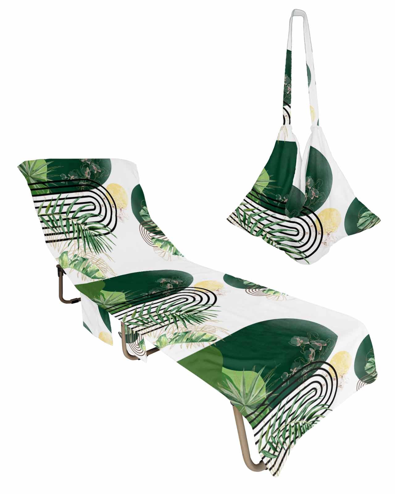 Boho Green Leaves Beach Chair Towel Covers for Chaise Lounge with Side Pocket, Soft Plush Pool Towels Cover for Patio Sunbathing Outdoor 29''x85'' Tropical Palm Leaf Sun Modern White