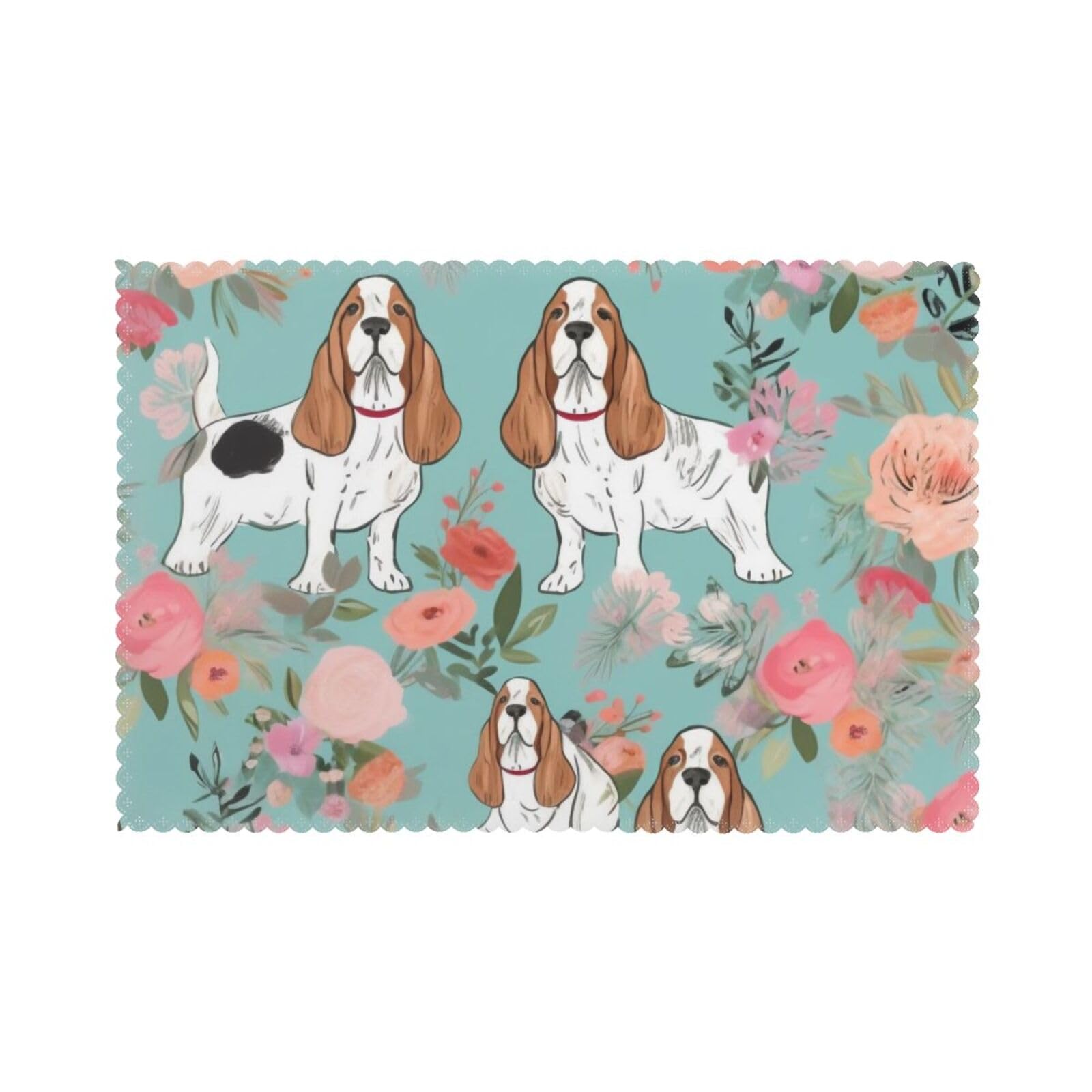 Sweet Basset Hound Florals Printed Placemat Heat Resistant Place Mats Set of 6 PCS Washable Kitchen Table Mats, 12x18 Inch