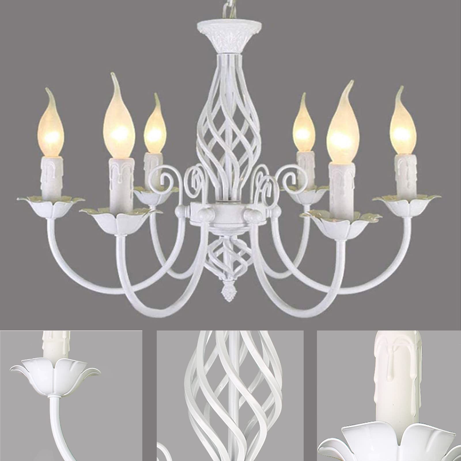 Vintage Kronleuchter Country Weiß, Pendelleuchten Vintage Kerze Französischer Kronleuchter, 6 Lichter Deckenleuchte Classic Hängende Lampe für Küche Wohnzimmer Schlafzimmer