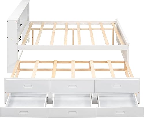 Miniatura 41 de Cama de plataforma de tamaño Queen con cabecero y cajones, marco de cama de plataforma de madera maciza con estantes, puertos USB y enchufes, marco