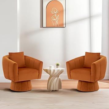 Karl home Swivel Accent Chair Set of 2, Comfy 360 Swivel Barrel Chair ,Modern Velvet Fabric Living Room Chair with Fluffy Cushions,Upholstered Armchair for Living Room/Bedroom/Lounge,Orange