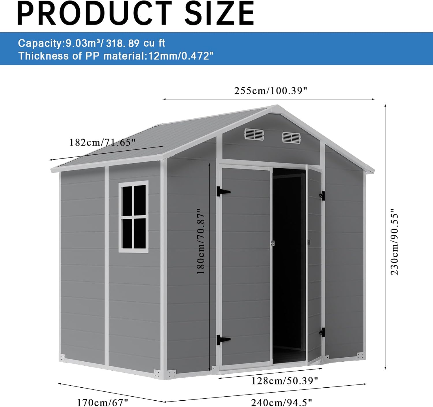 AIRAJ 8x6FT Outdoor Storage Shed with Floor,Waterproof Garden Resin Tool Shed with Window&Vents,Lockable Door&Ramp,Plastic Storage Shed Suitable for Patios,Gardens, Backyards and Construction Sites