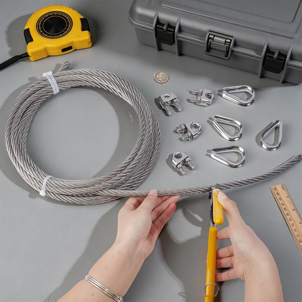 PH PandaHall Cable de acero inoxidable de 10 mm, 5 m, 7 x 19 hebras, cable de metal con guardacabos y abrazaderas, cuerda de alambre de avión para equipos de elevación de barcos, teleféricos