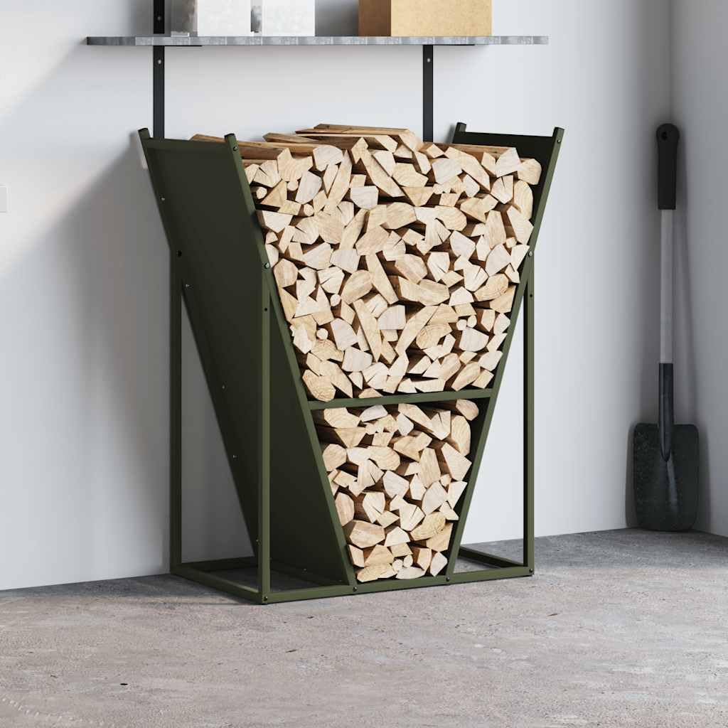 Brennholzregal Olivgrün aus kaltgewalztem Stahl 69,5x35x81 cm, Feuerholzständer mit großer Traglast, Holzkorb zur Scheitholzablage für Kamin, Ofen, Terrasse, Garten, Innen- und Außenbereich