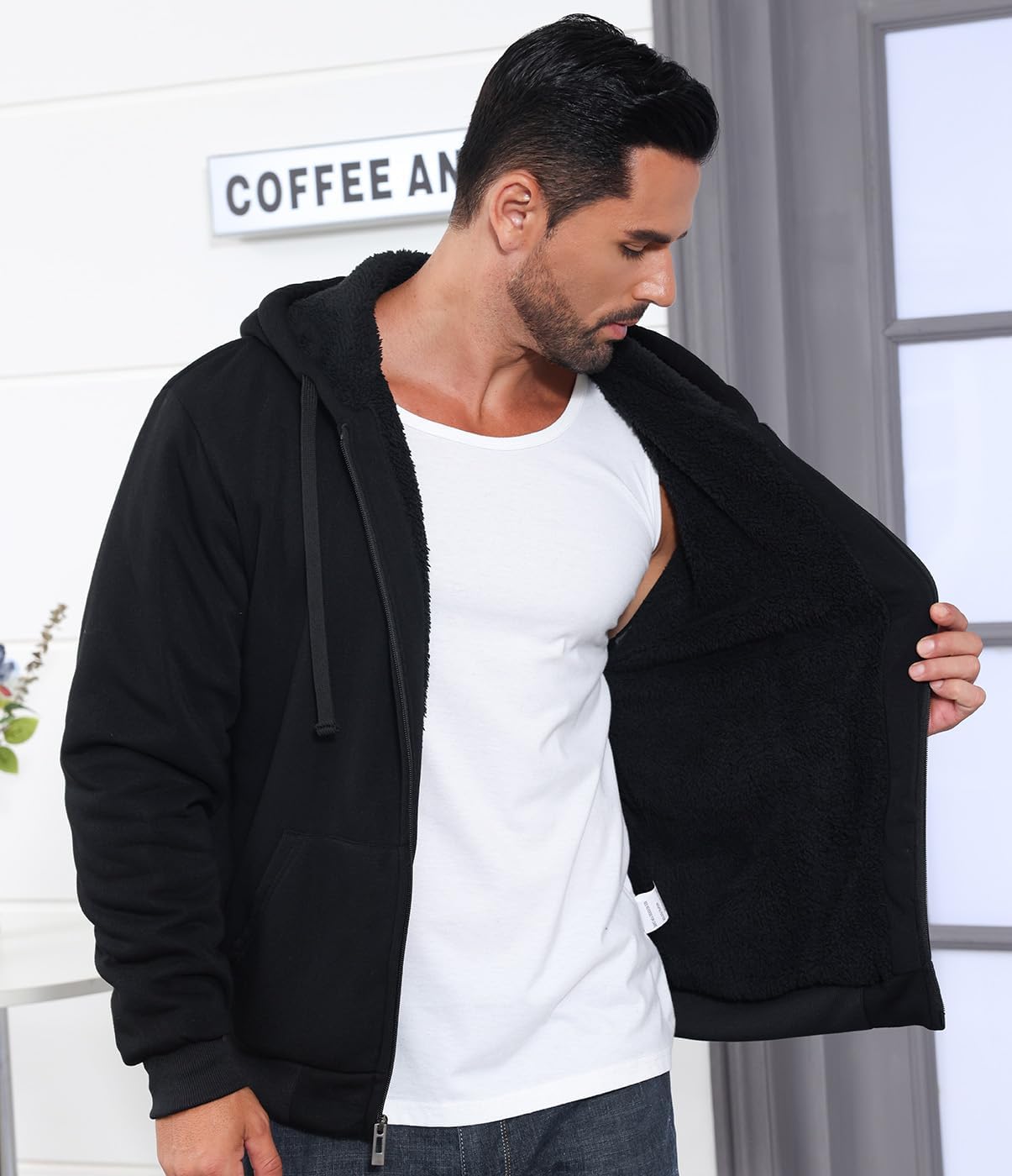 Men’s Full Zip Up Hoodies Sherpa Fleece Lined Hoodie Heavyweight Thick Zipper Jacket Heavy Warm Winter Coat - Image 3