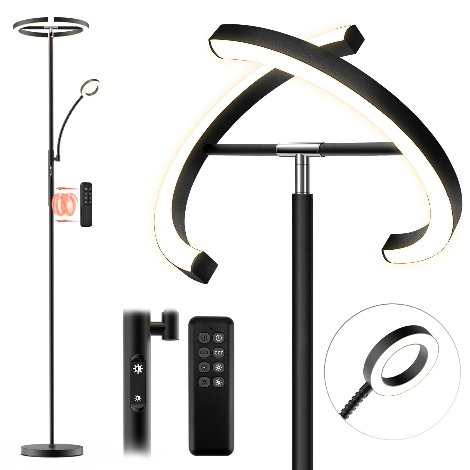 FIMEI Lámpara de Pie, con Control Remoto y Táctil, 3000K-6000K Temperatura de Color & Atenuación Continuas, Moderna Lámpara de Lectura para Sala de Estar, Dormitorio, Oficina (MF18813, Negro)