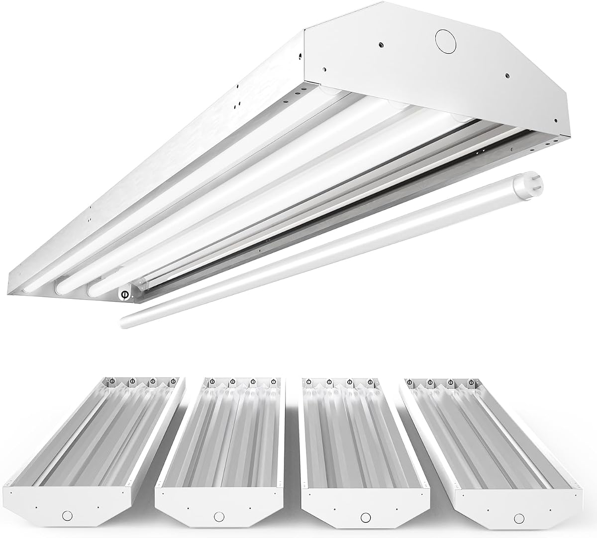 Sunco Paquete de 4 accesorios de tubo LED T8 de 4 pies, bombillas tipo B y tipo híbrido | 120-277 V, instalación colgante/montaje en superficie, incluye lápidas, iluminación de techo de garaje, admite 4 bombillas LED de tubo T8 de 48"