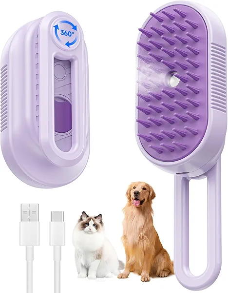 Cat Steam Brush for Shedding, 4 in 1 Rechargeable Steam Brush for Cats and Dogs, Anti-Static, Massage, Cleaning, Shedding & Combing All In One!