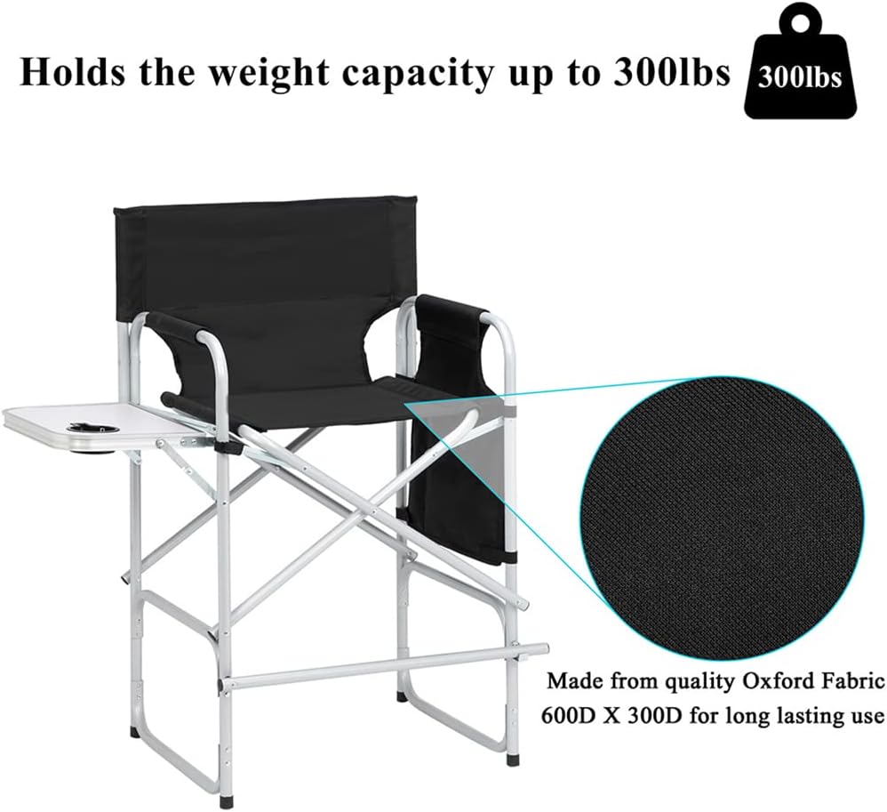 Tall Directors Chair, Portable Makeup Artist Chair with Side Table, Cup Holder, Storage Bag and Footrest, 41'' Seat Height Folding Camping Chairs for Tailgating Camp Lawn Picnic Fishing Beach