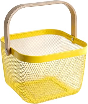 Metal Mesh Steel Harvest Basket, Square Wire Garden Basket with Handle   Multi-Functional Storage Organizer for Gathering Vegetables, Fruits, Kitchen, Garden, Picnic & Cabinet Yellow