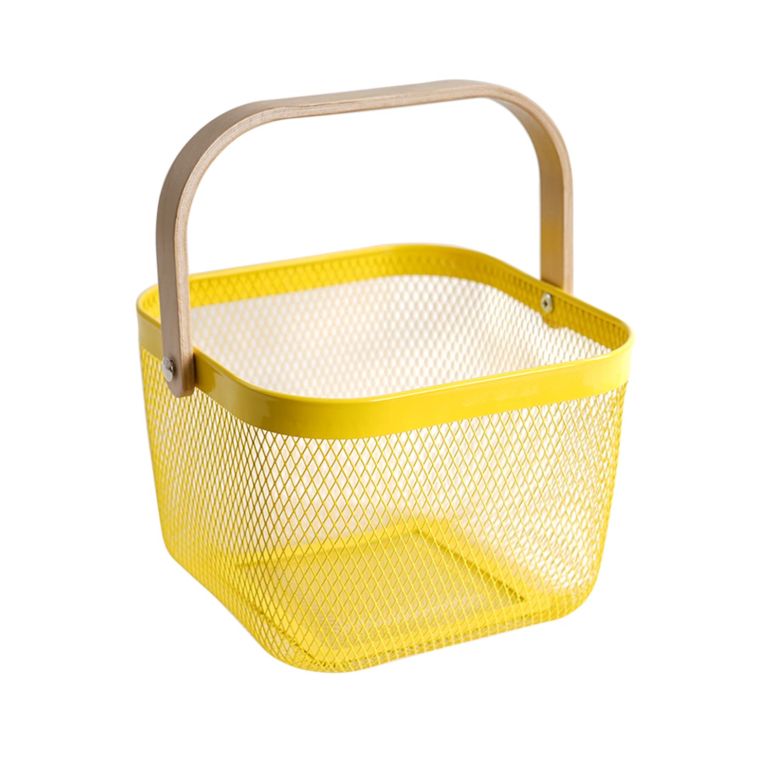 SANHSEHOME Metal Mesh Steel Harvest Basket, Square Wire Garden Basket with Handle – Multi-Functional Storage Organizer for Gathering Vegetables, Fruits, Kitchen, Garden, Picnic & Cabinet (Yellow)
