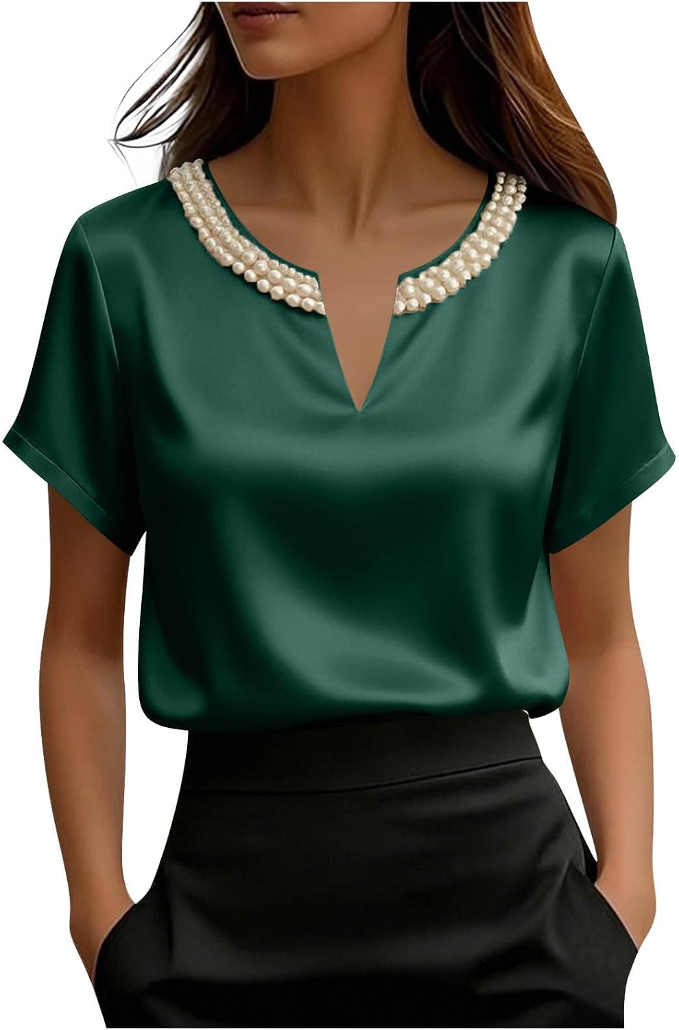 Womens V Neck Satin Tops Dressy Short Sleeve Pearl Work Blouses Spring Summer Loose T Shirts Business Casual Outfit