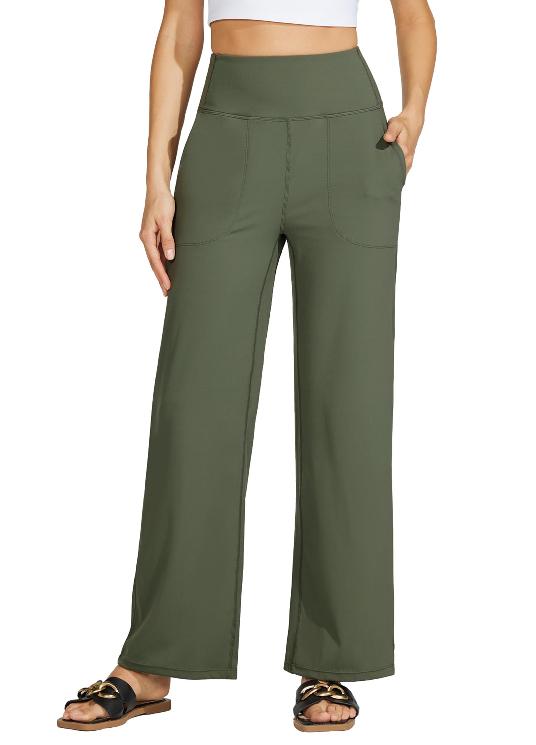 WILLIT Yogahose Damen Weites Bein Sporthose Hohe Taille Yoga Hosen Bauchkontrolle Schlaghose Freizeithose Frauen Jogginghose mit Taschen 28"/30"