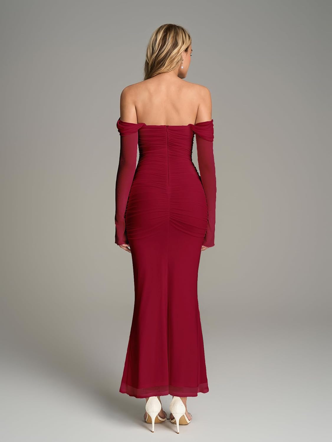 KUTUMAI Off Shoulder Long Sleeve Maxi Dress Corset Bodycon Ruched Cocktail Formal Wedding Guest Dresses for Women - Image 4