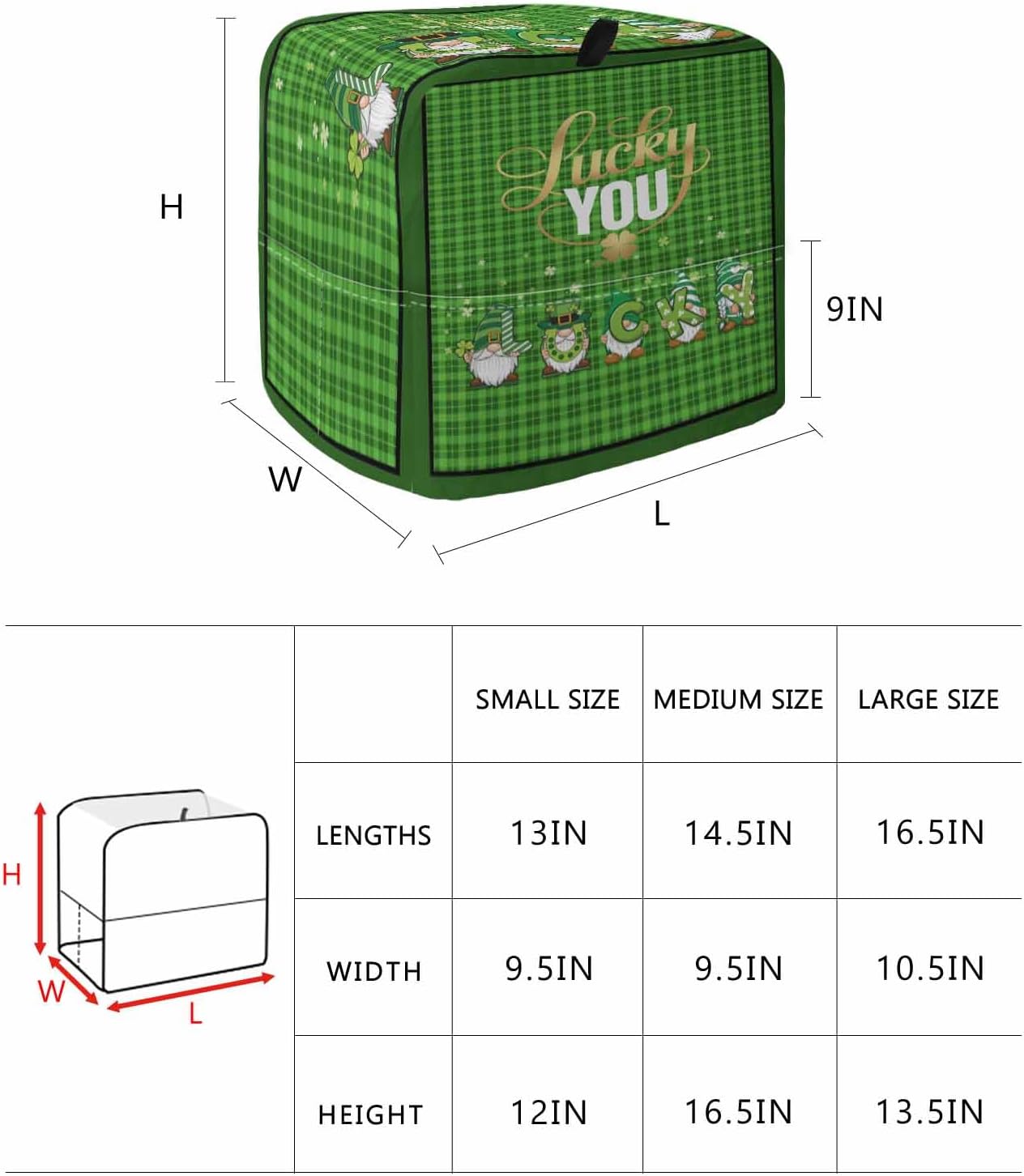 St. Patrick's Day Stand Mixer Cover with Storage Pocket, Waterproof Kitchen Mixer Covers, Lucky Gnomes Shamrock Green Plaid Kitchen Appliance Dust Cover Compatible with 4/4.5 Quart Mixers