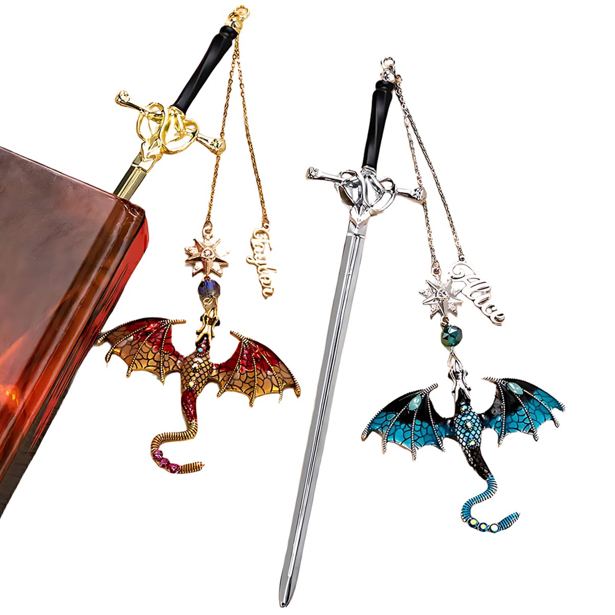 Custom Name Dragon Bookmark Kids Bookmarks Personalised Bookmarks for Men Women Dragon Book Mark for Children Student Fantasy Metal Sword Bookmark with Name Gothic Gifts for Her Teacher Gift
