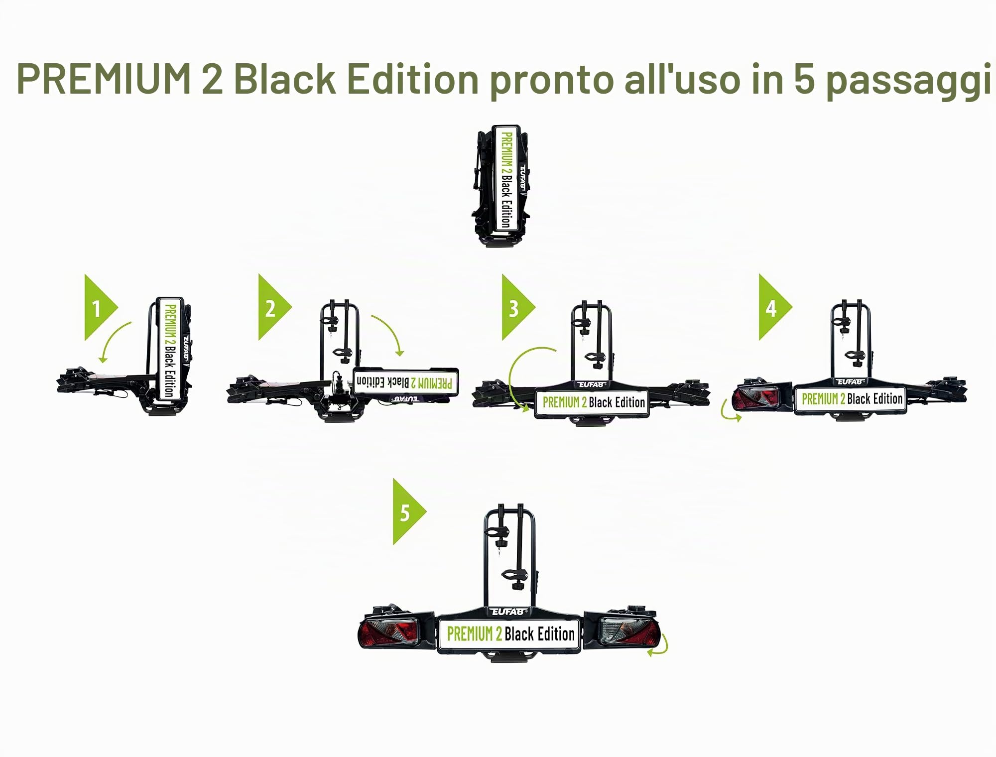 EUFAB 11648ON Portabici Premium 2 "Black Edition, adatto per e-bike, completamente premontato, antifurto, per 2 biciclette, per gancio di traino, nero