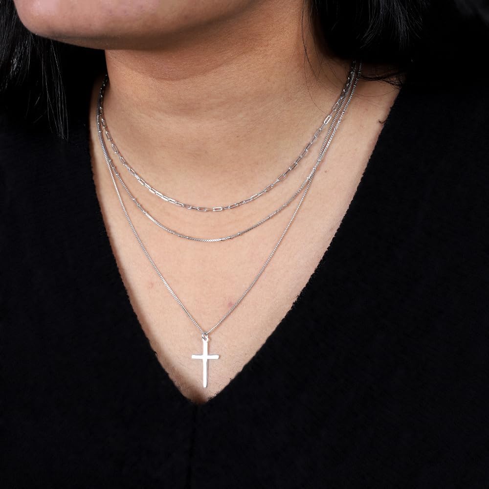 Vanbelle Sterling Silver Jewelry - Rhodium Plated with 925 Stamp - Three Layers of Chain Necklace with Cross Pendant for Women - 16.5" long + 2" Extender - Valentine's Collection Necklace - Image 5