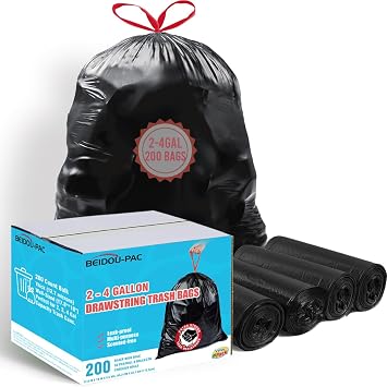 BEIDOU-PAC 2-4 Gallon Trash Bags Drawstring, 200 Count Bulk Value Pack, Black & Unscented Small Multi-purpose Garbage Bags for Business Home Bathroom Kitchen Commercial and Industrial
