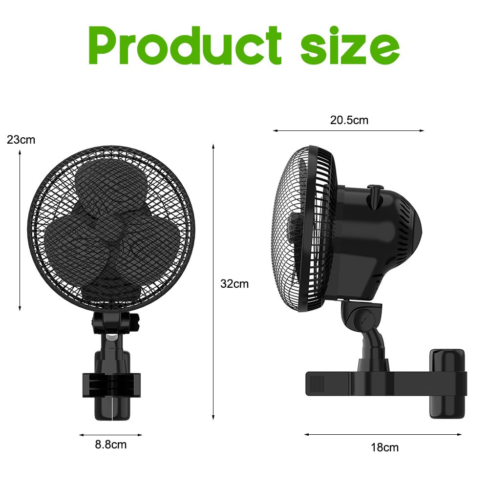 DASIAUTOEM Grow Ventilatore oscillante con morsetto, 330 CFM, motore EC, oscillante, IP54, timer silenzioso da 8 W