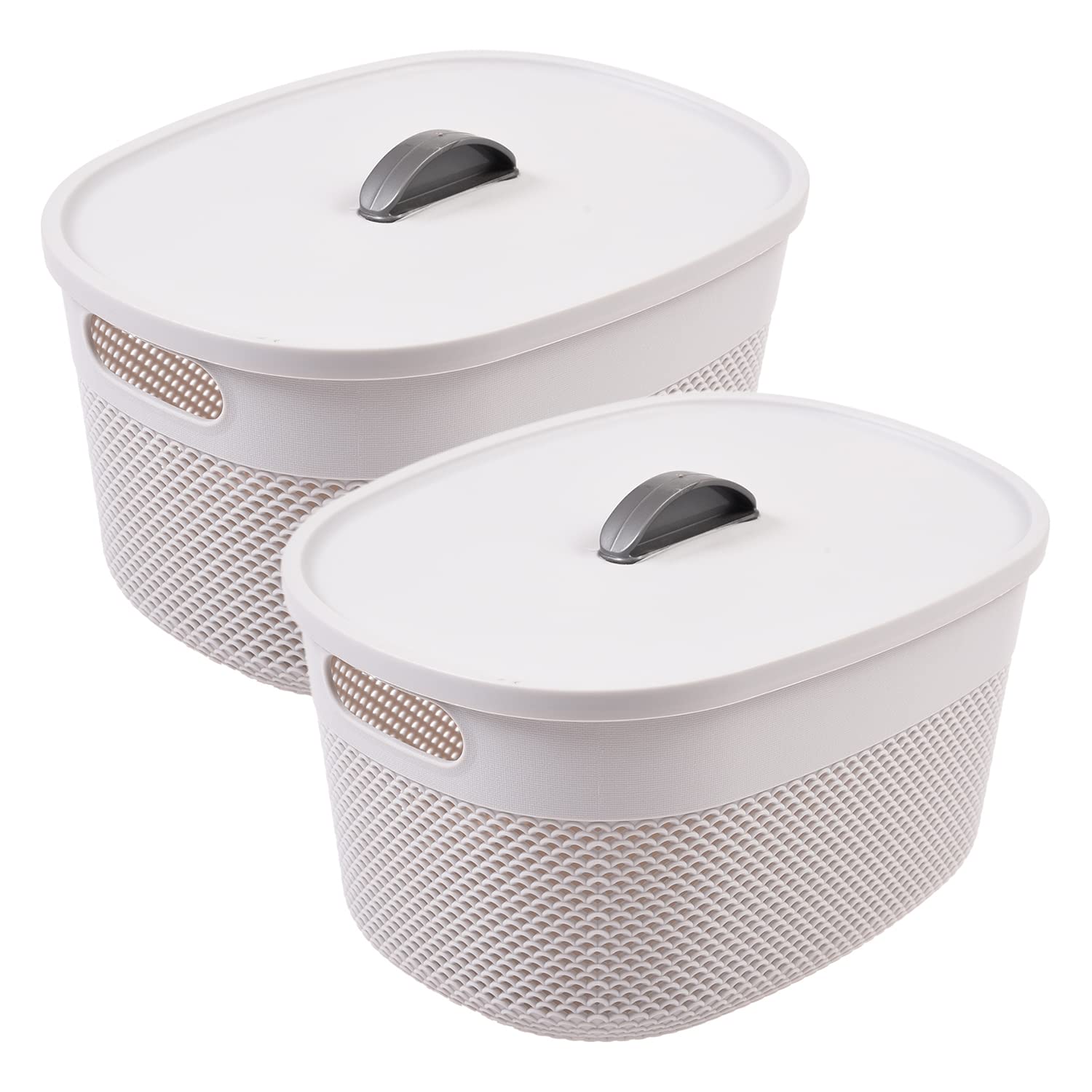 Kuber Industries Unbreakable Medium Multipurpose Storage Baskets with lid|Design-Netted|Material-Plastic|Shape-Oval|Color-Grey|Pack of 2