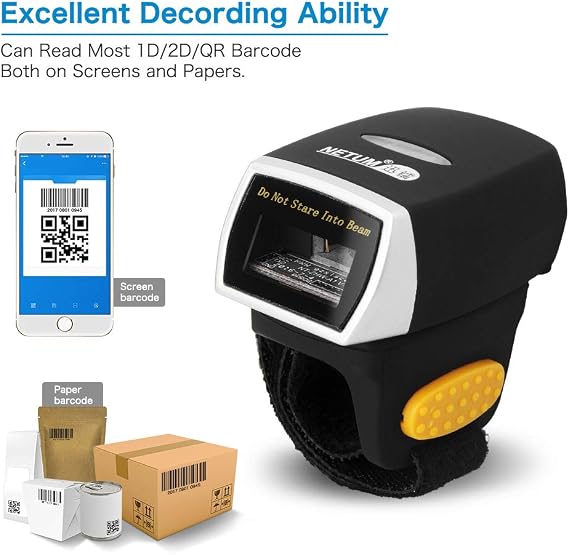 NETUM Bluetooth Barcode Scanner 1D 2D QR Ring Mini Bar Code Reader 2.4G Wireless Wearable Scanner Gun Compatible for Windows, Mac OS, Android 4.0+, iOS,Support Scan PDF417 DataMatrix