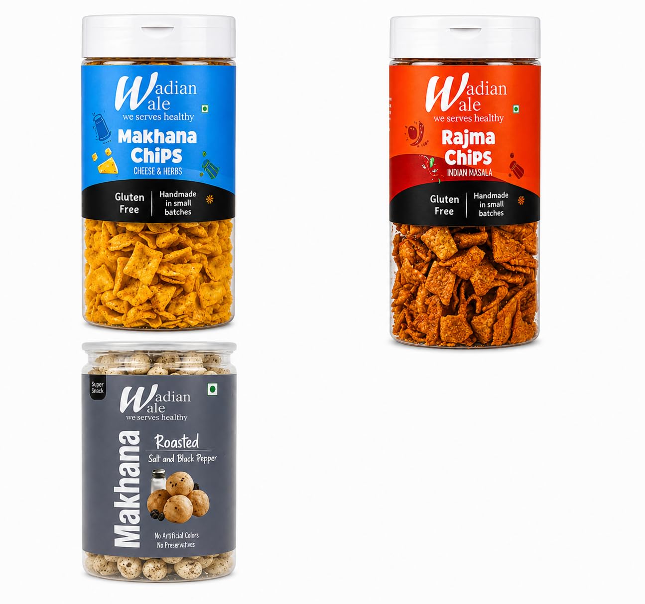 Wadianwale Healthy Diet Makhana Cheese & Herbs Gluten Free Chips & Rajma Masala Gluten Free Chips & Roasted Salt & Black Pepper Makhana (Pack of 3)-image-44