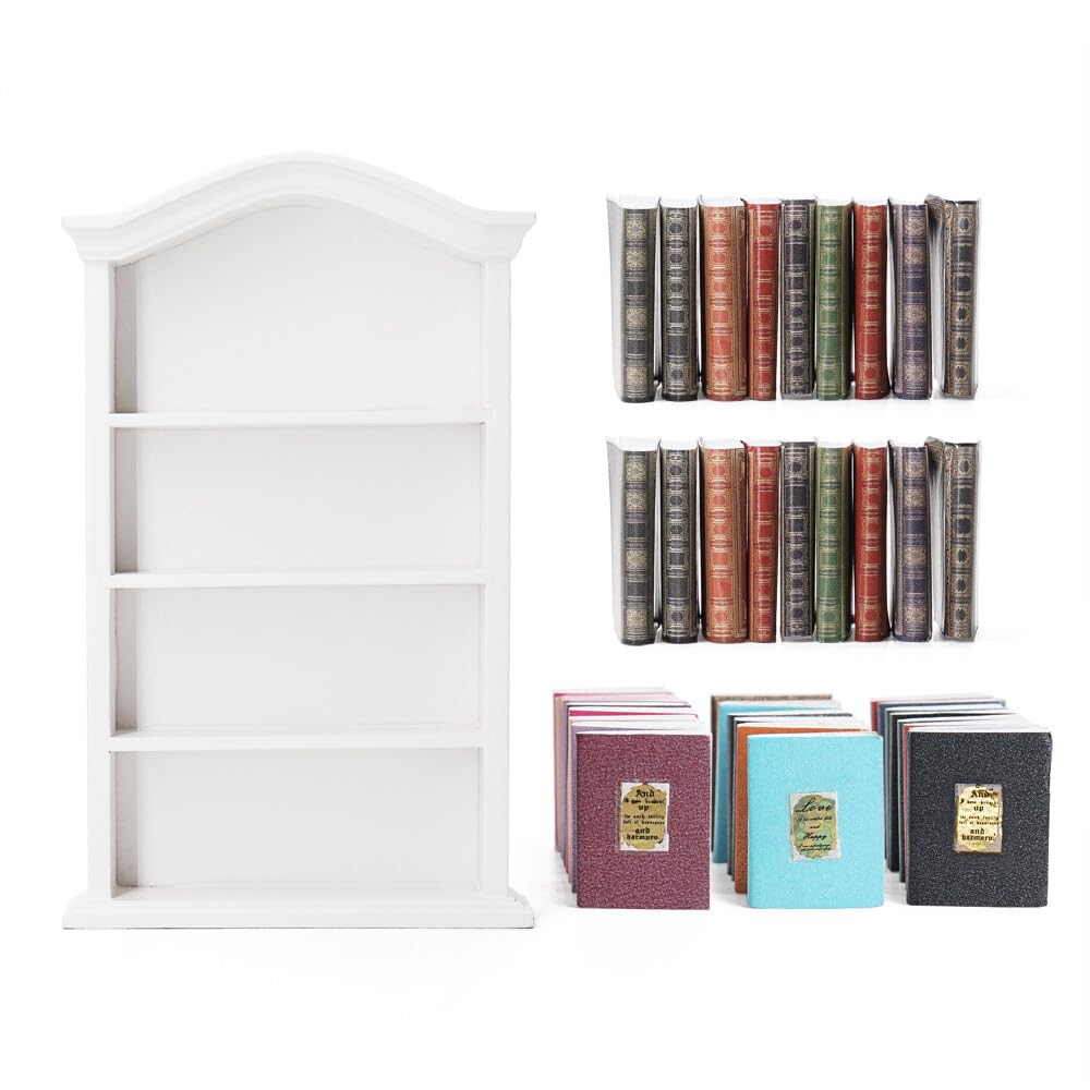 Odoria 1/12 Scale Dolls House Miniature Wooden Shelf Mini Bookshelf Bookcase with Assorted Books 42Pcs Miniatures Dollhouse Furniture Accessories, White