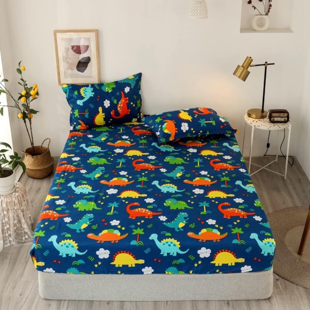 Kids Fitted Sheet Cute Cartoon Dinosaur Bed Sheet Set King
