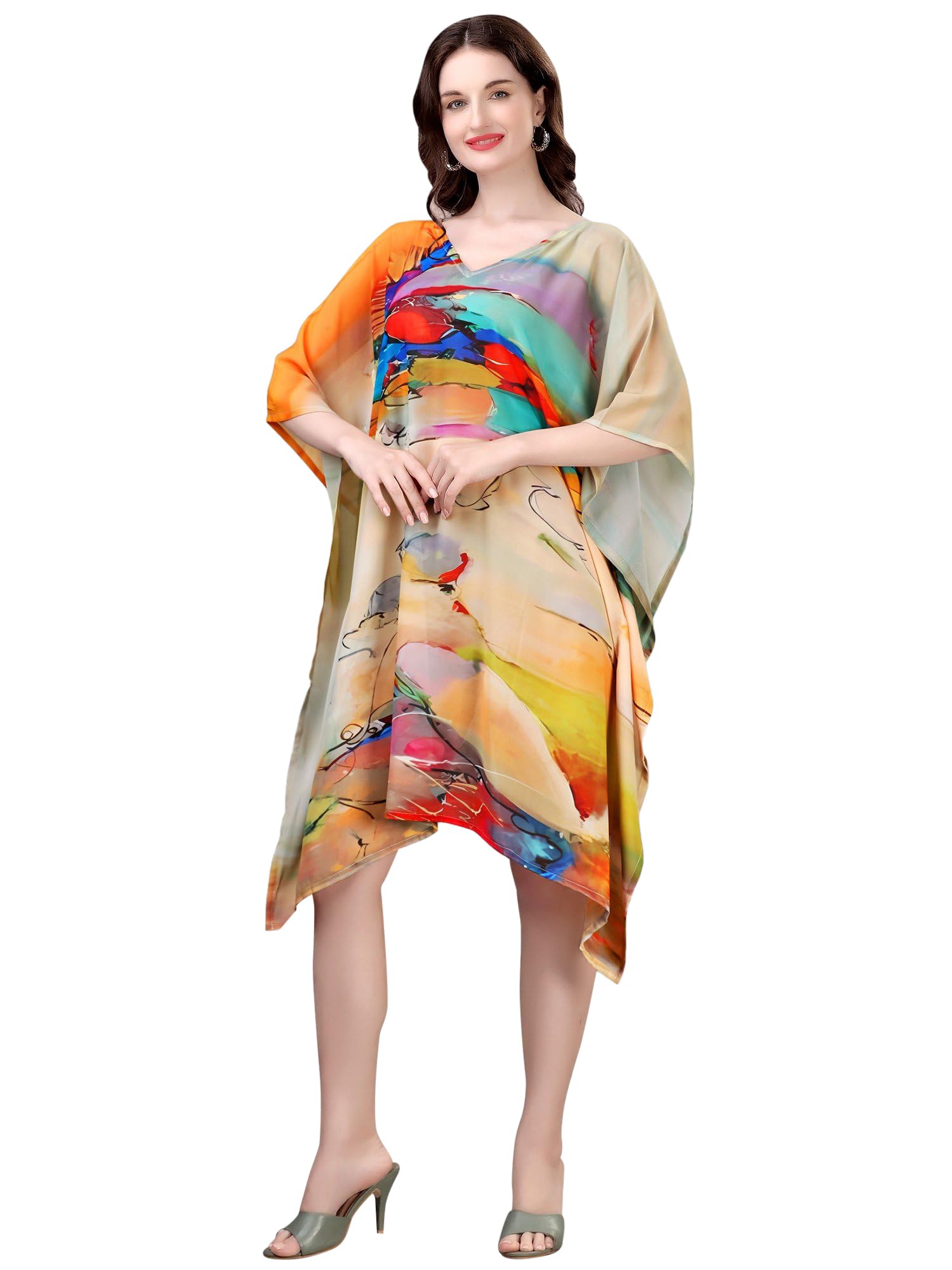 exotic india Flowy Georgette Short Kaftan with Abstract Pattern Print Tunic for Holiday & Beach Cover-Up for Women's-picture-48