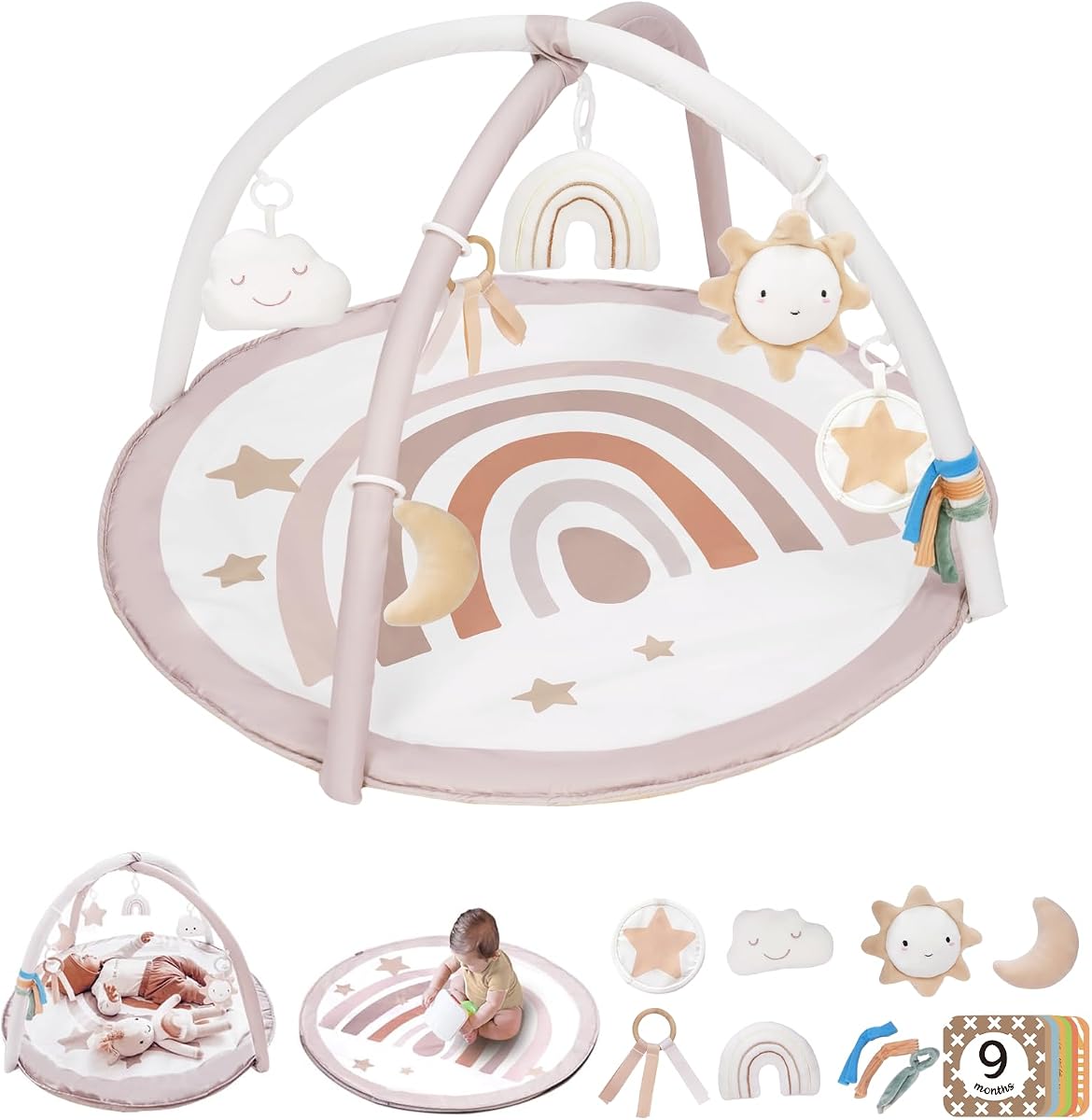 Alfombrilla de gimnasia para bebés, alfombrilla de actividades Tummy Time con 7 juguetes desmontables y 12 tarjetas de hitos para el desarrollo de habilidades sensoriales y motoras basadas en el escenario, alfombrillas de juego lavables para bebés, artículos esenciales para bebés recién nacidos