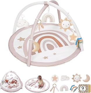 LittleDove Baby Play Gym Mat: Tummy Time Activity with 7 Detachable Toys & 12 Milestone Cards for Newborn Sensory Development
