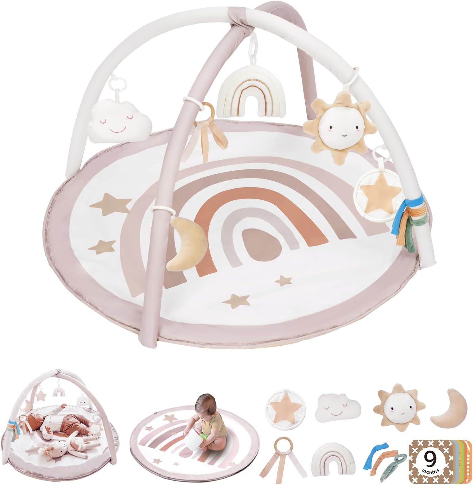 little dove Baby Gym and Infant Play Mat Rainbow Design for Newborn Stage-Based Developmental Activity Gym for Toddlers Aged 0 to 3 6 9 12 Months Old Babies with 7 Toys